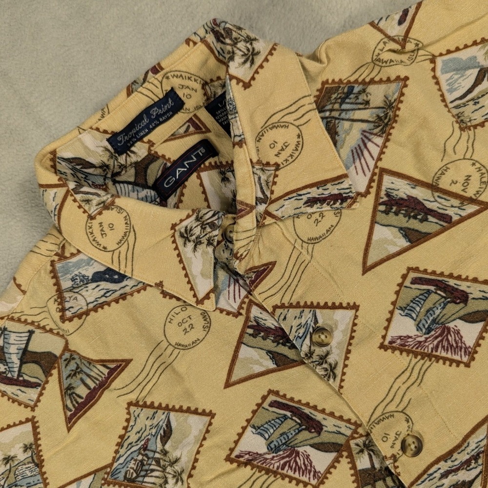 Gant Mens Tropical Print Linen Rayon Shirt Yellow Hawaii Postage Stamp Large